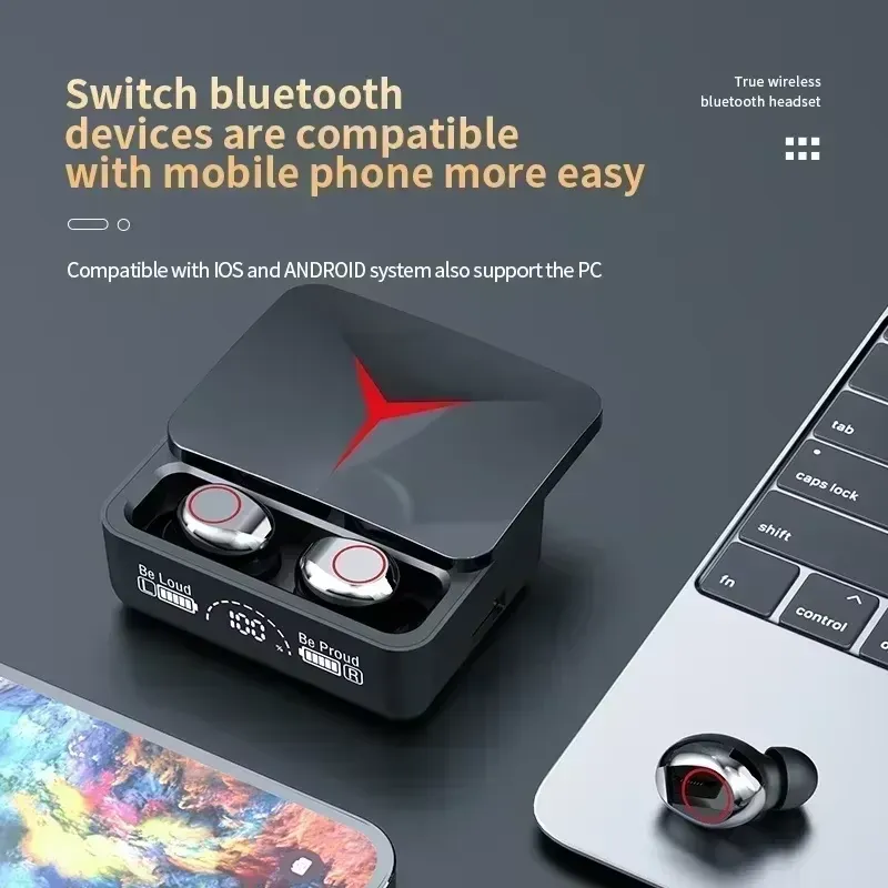 audífonos inalámbricos bluetooth led m90pro caja deslizante de efecto brillante