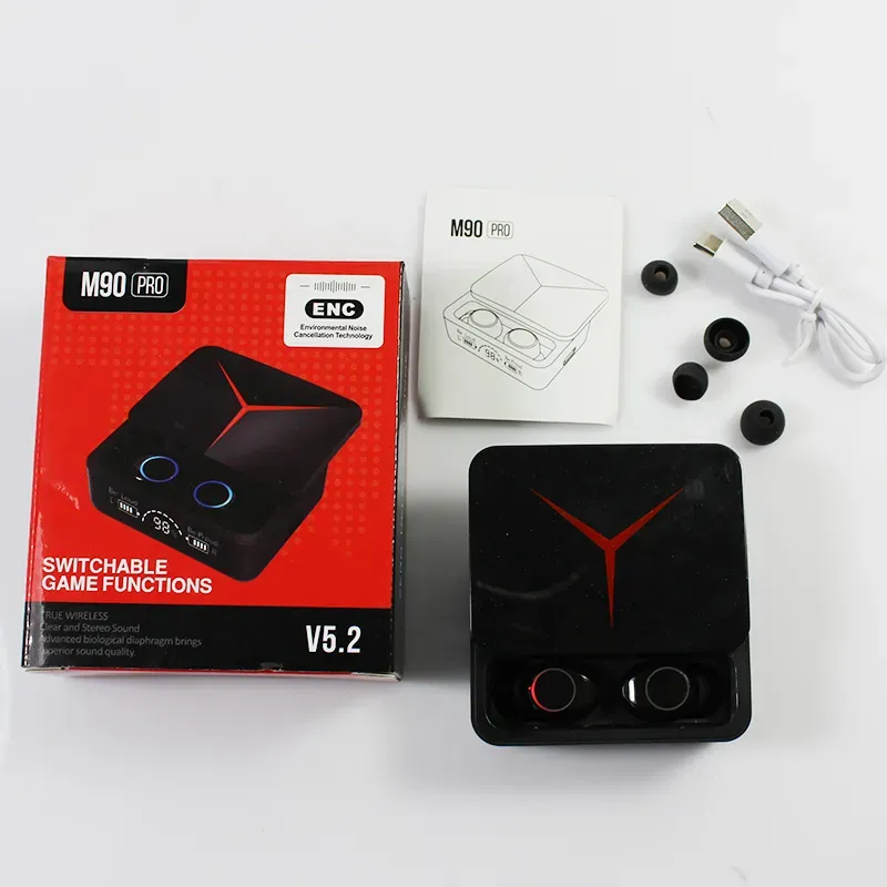 audífonos inalámbricos bluetooth led m90pro caja deslizante de efecto brillante